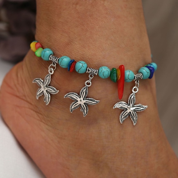 **DOVIE* Silver x Starfish Fashion Beaded Anklet - Picture 1 of 6